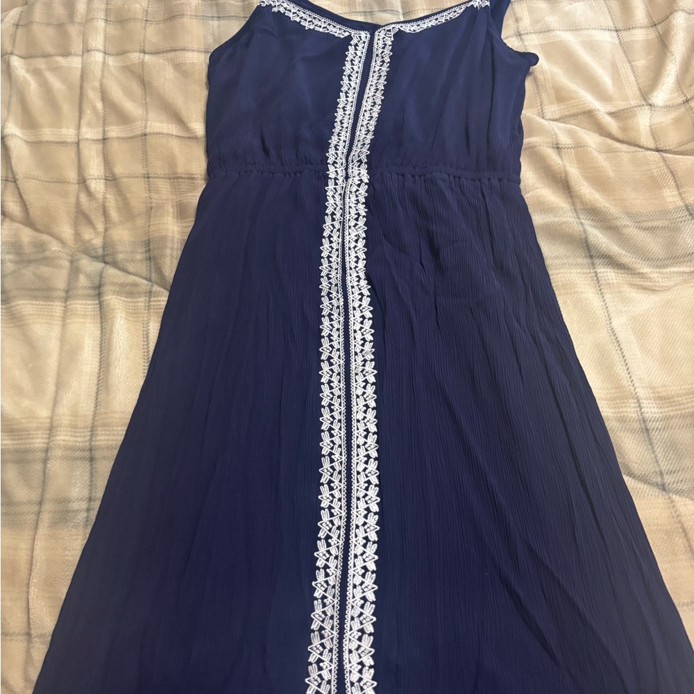 Navy Blue Dress with White Lace Trim